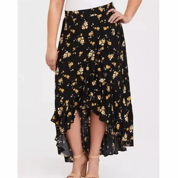 Torrid SZ16 Black Ditsy Floral Challis Hi Low Maxi Skirt Feminine Romantic Fairy - Picture 2 of 9